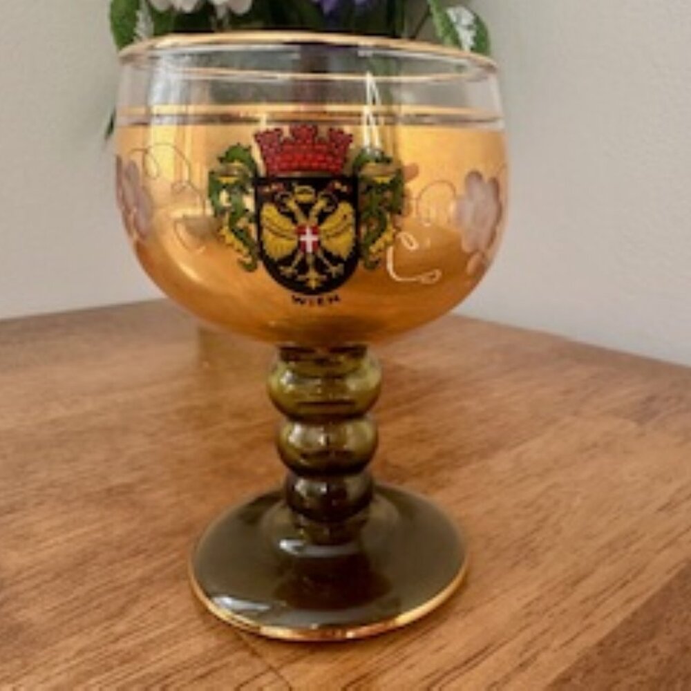Vintage Austrian Vienna Gold Roemer Goblet – Painted‎ Heraldic Crest Etched